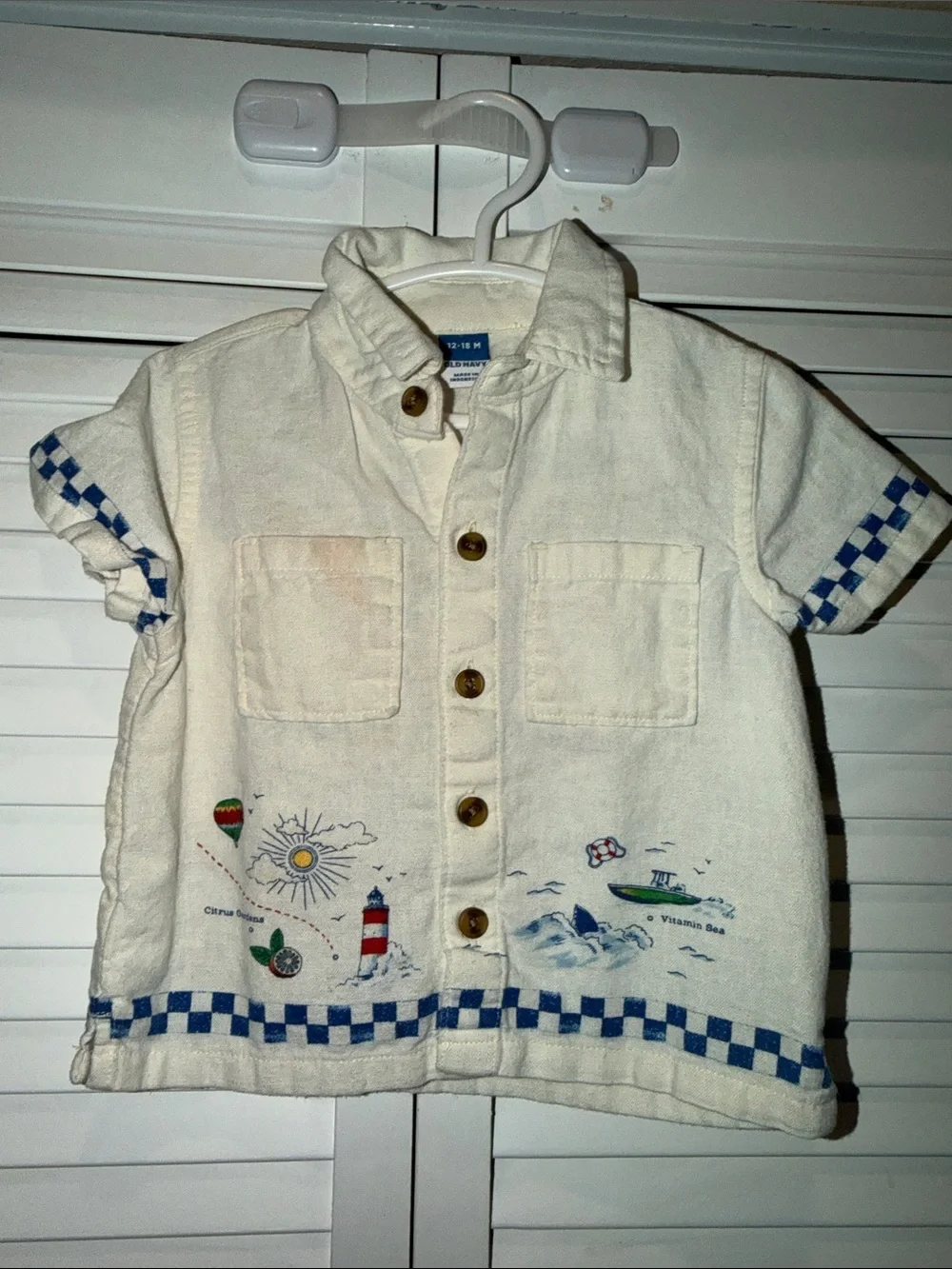 Old Navy Cream Short-Sleeve Button Down with Colorful Map Embroidery